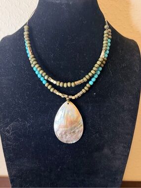 Handmade mother of pearl double strand necklace w/ silver & blue wood beads